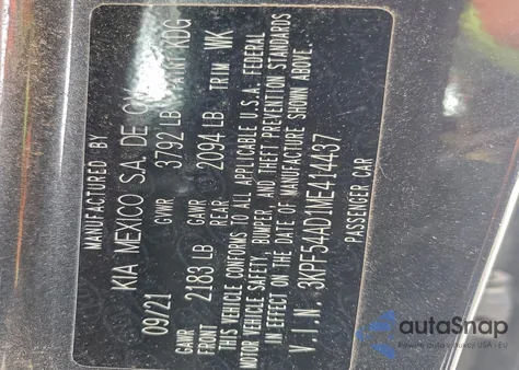 2021 Kia Forte Ex from USA, damaged, VIN 3KPF54AD1ME414437